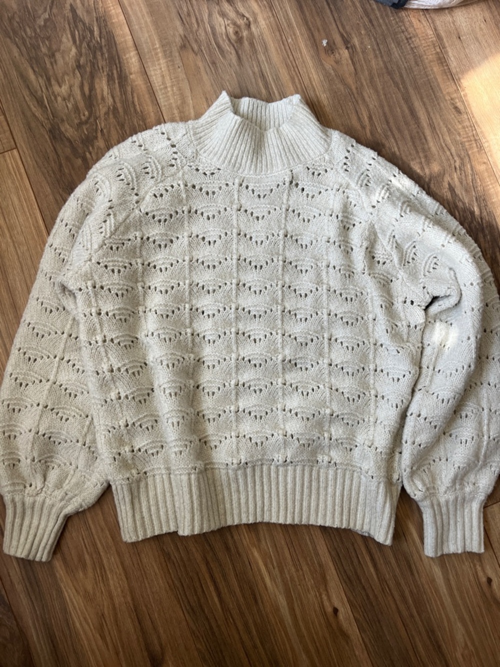 Cozy Cream with metallic thread Openwork Mock Neck Sweater S